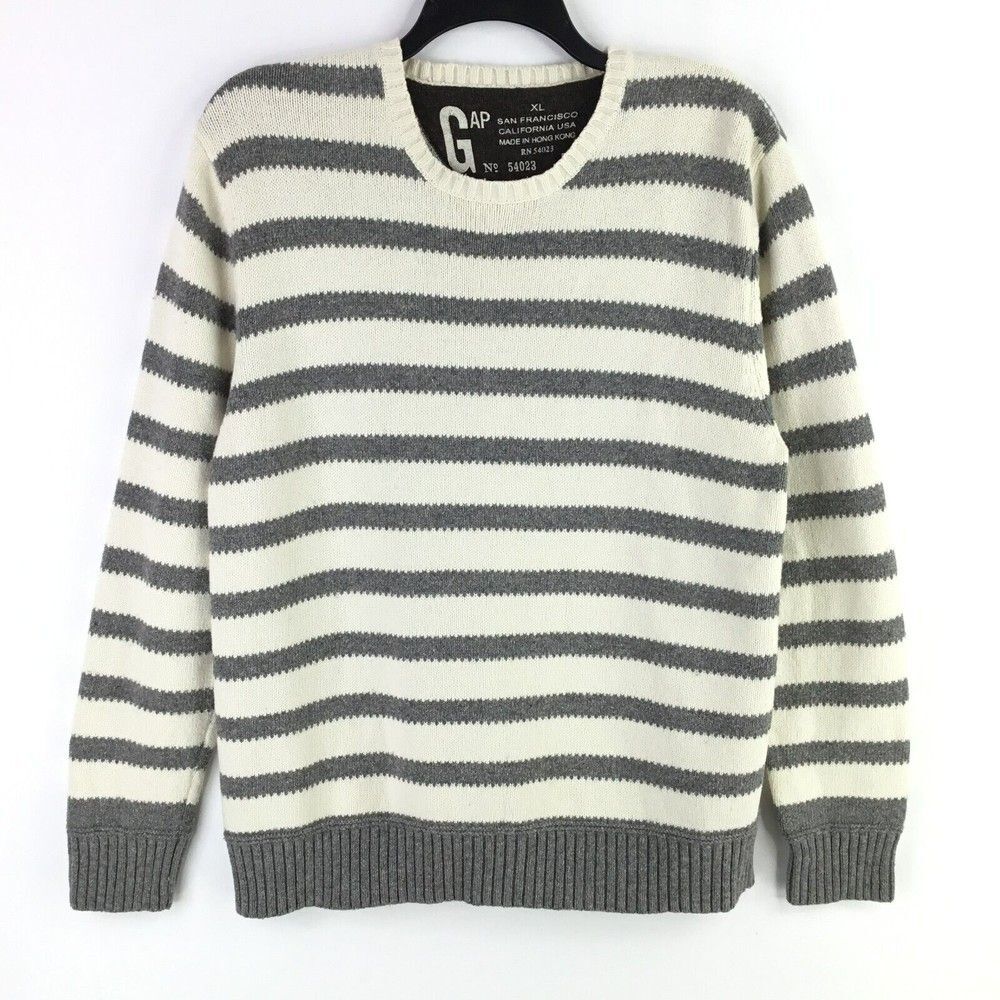 Vtg Gap Mens XL Pullover Sweater Cream Grey Stripe Crew Neck Cotton Wool Grandpa